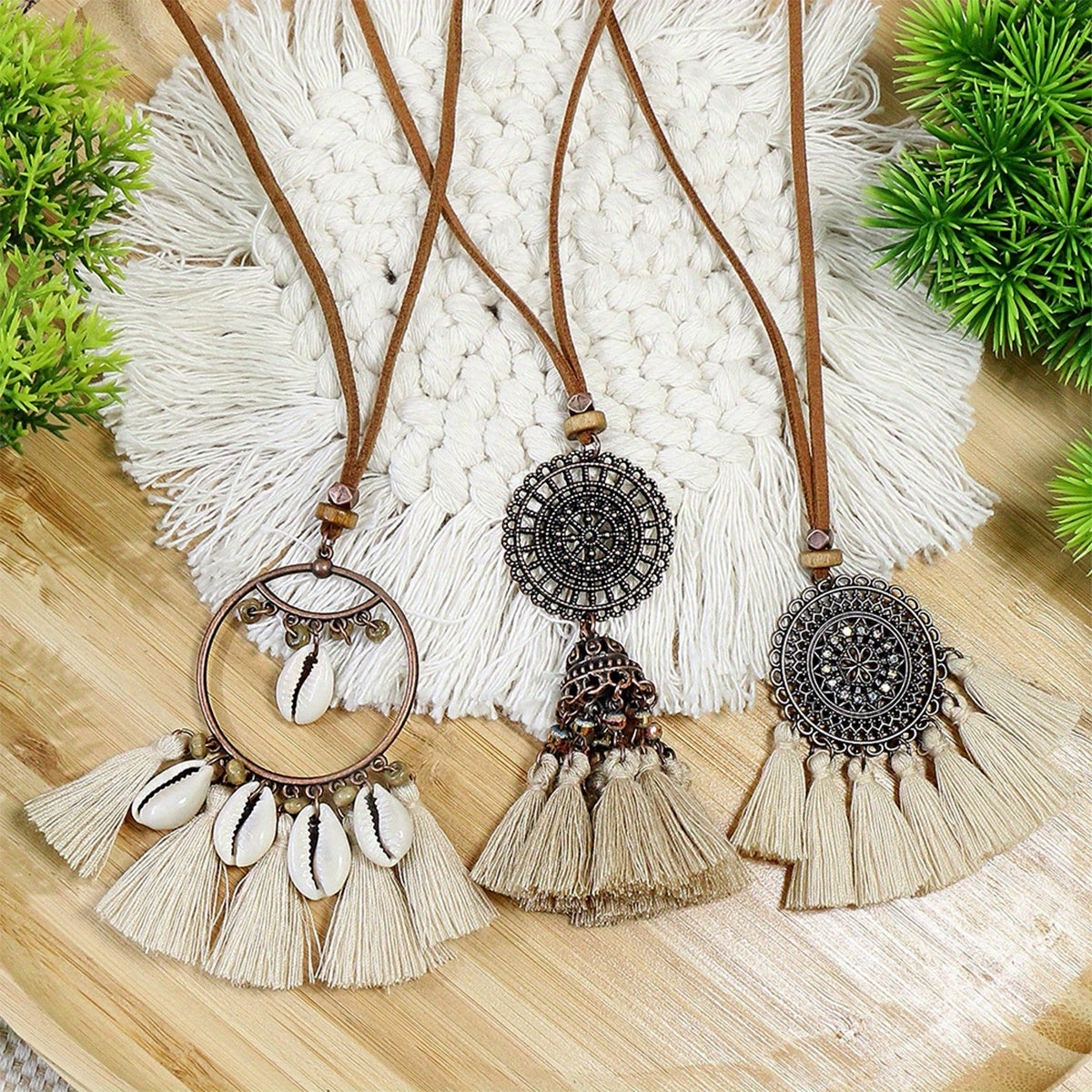 Boho-Chic 3pcs Set: Vintage-Inspired Tassel & Flower Pendant Necklaces with Rhinestone Accents - Zinc Alloy, Antique Bronze Finish for Casual Attire
