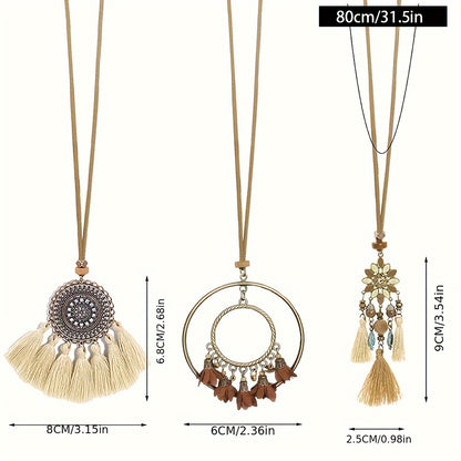 Boho-Chic 3pcs Set: Vintage-Inspired Tassel & Flower Pendant Necklaces with Rhinestone Accents - Zinc Alloy, Antique Bronze Finish for Casual Attire