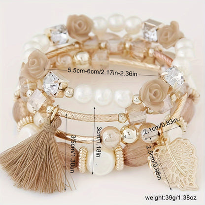 Leaf & Tassel Beaded Bracelet Kit Personality Bohemian Style Multilayer Hand Jewelry 4 Pcs