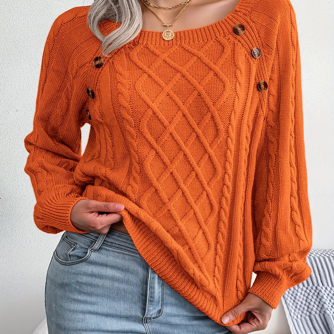 Autumn/Winter European and American Casual Solid Color Square Neck Button Twist Long Sleeve Pullover Sweater