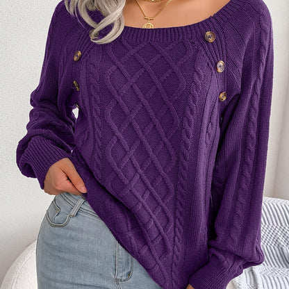Autumn/Winter European and American Casual Solid Color Square Neck Button Twist Long Sleeve Pullover Sweater
