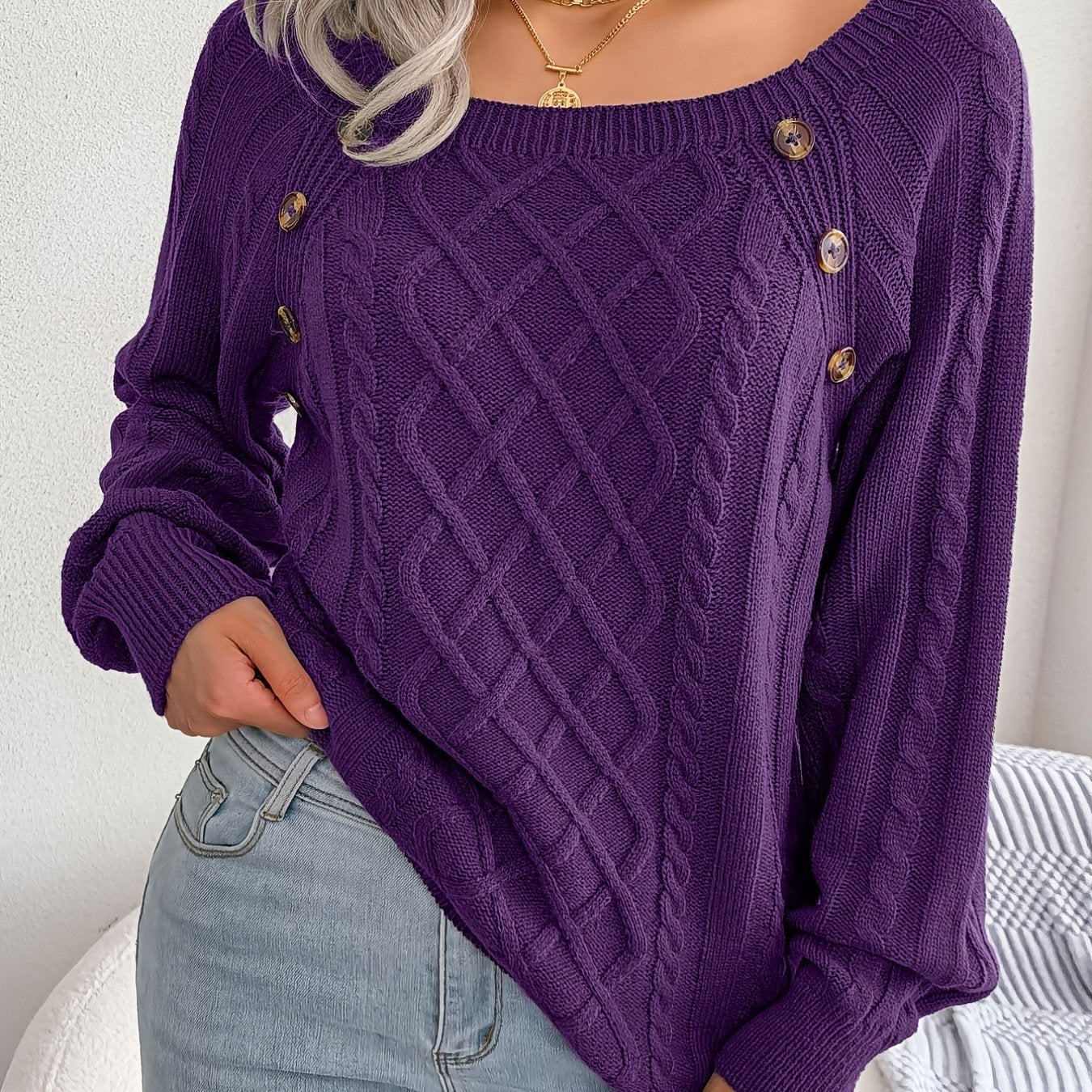 Autumn/Winter European and American Casual Solid Color Square Neck Button Twist Long Sleeve Pullover Sweater