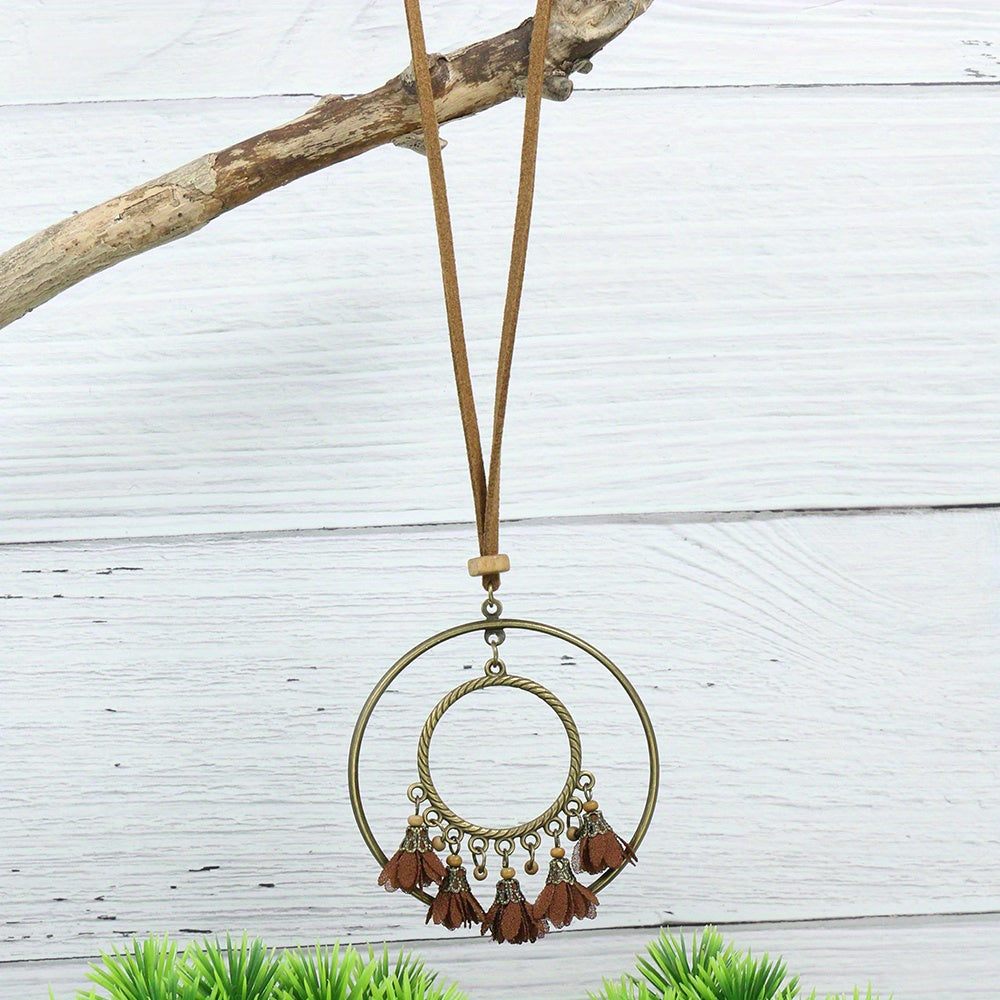 Boho-Chic 3pcs Set: Vintage-Inspired Tassel & Flower Pendant Necklaces with Rhinestone Accents - Zinc Alloy, Antique Bronze Finish for Casual Attire