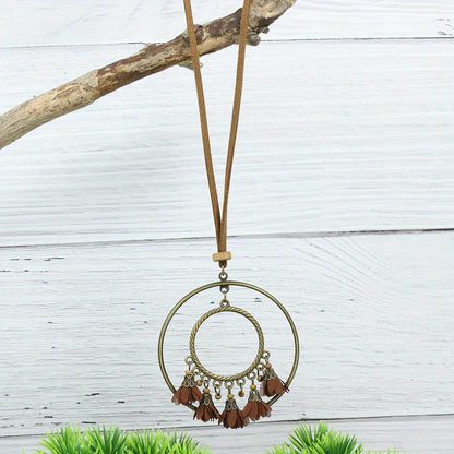 Boho-Chic 3pcs Set: Vintage-Inspired Tassel & Flower Pendant Necklaces with Rhinestone Accents - Zinc Alloy, Antique Bronze Finish for Casual Attire