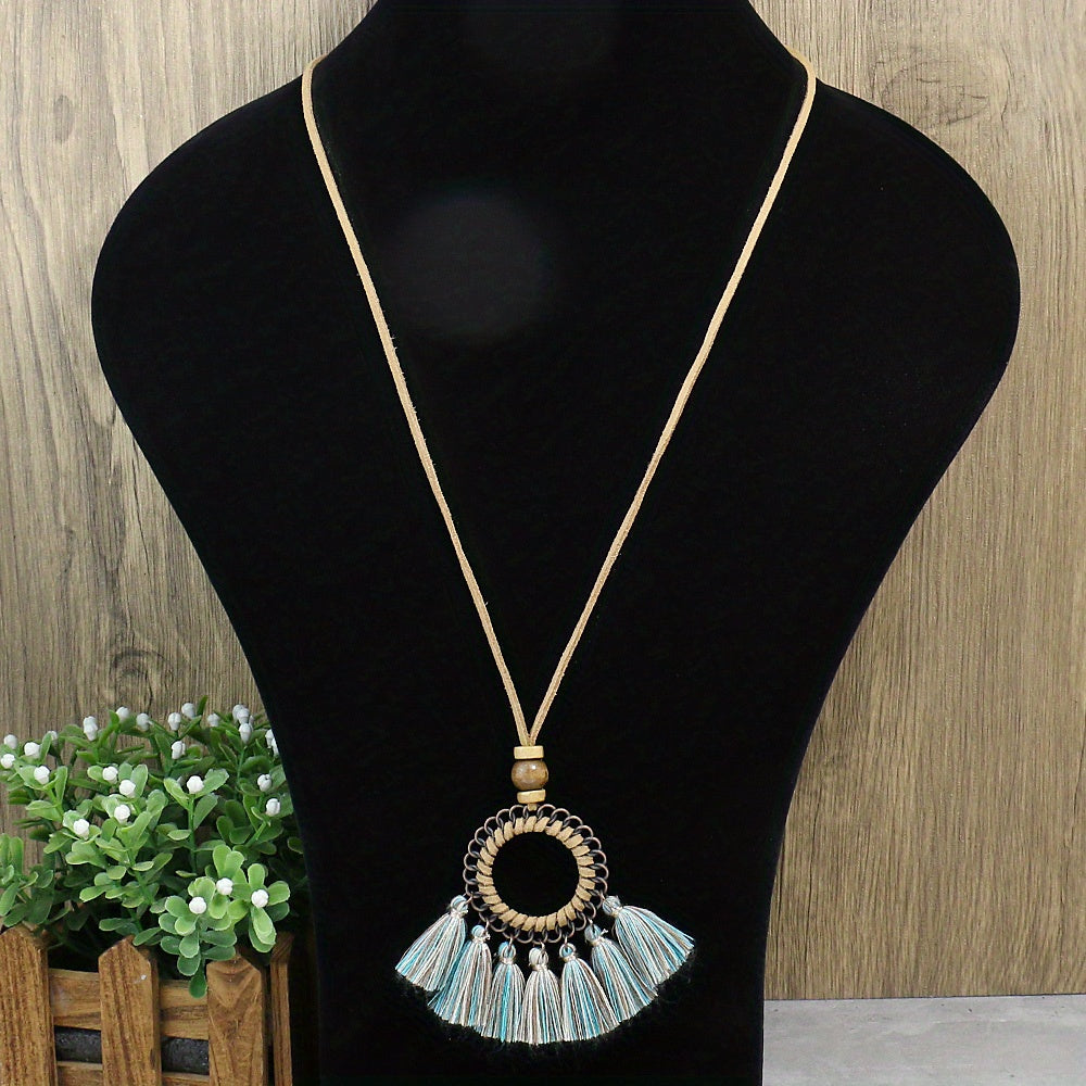 Boho-Chic 3pcs Set: Vintage-Inspired Tassel & Flower Pendant Necklaces with Rhinestone Accents - Zinc Alloy, Antique Bronze Finish for Casual Attire