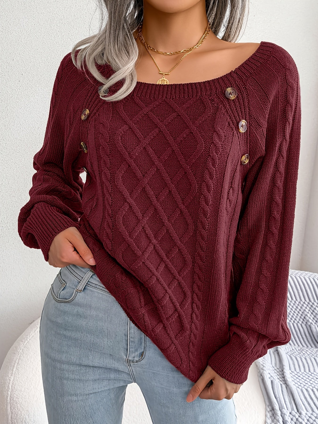 Autumn/Winter European and American Casual Solid Color Square Neck Button Twist Long Sleeve Pullover Sweater