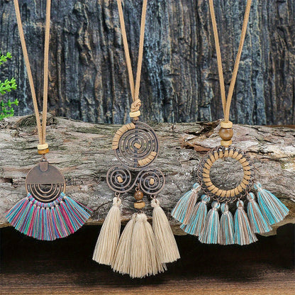 Boho-Chic 3pcs Set: Vintage-Inspired Tassel & Flower Pendant Necklaces with Rhinestone Accents - Zinc Alloy, Antique Bronze Finish for Casual Attire